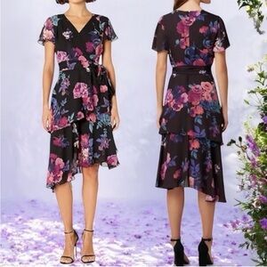 Tahari ASL Black and Pink Floral High Low Dress Size 4